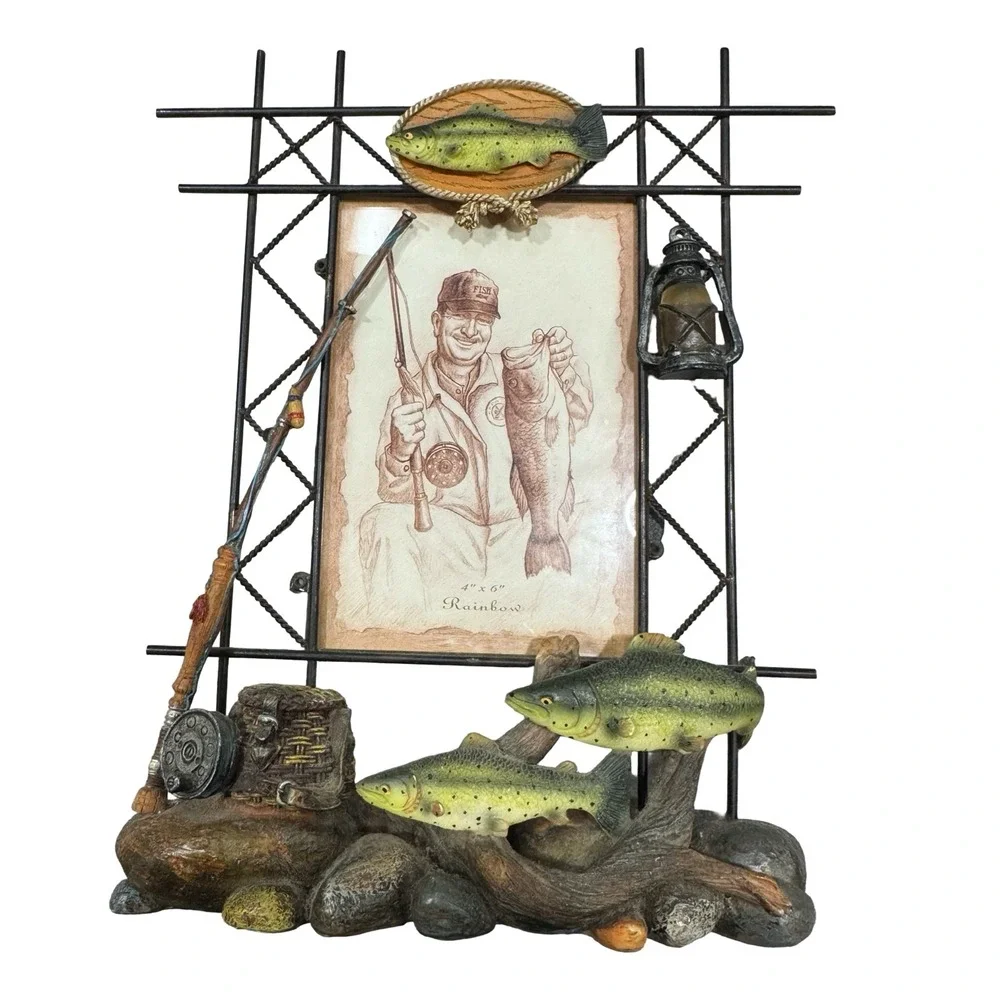 Vintage Rustic Fishing Photo Frame 4x6 Rainbow Trout Fly Rod Cabin Lodge Decor